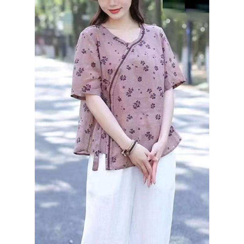 Art Purple O Neck Patchwork Linen T Shirt Tops Short Sleeve