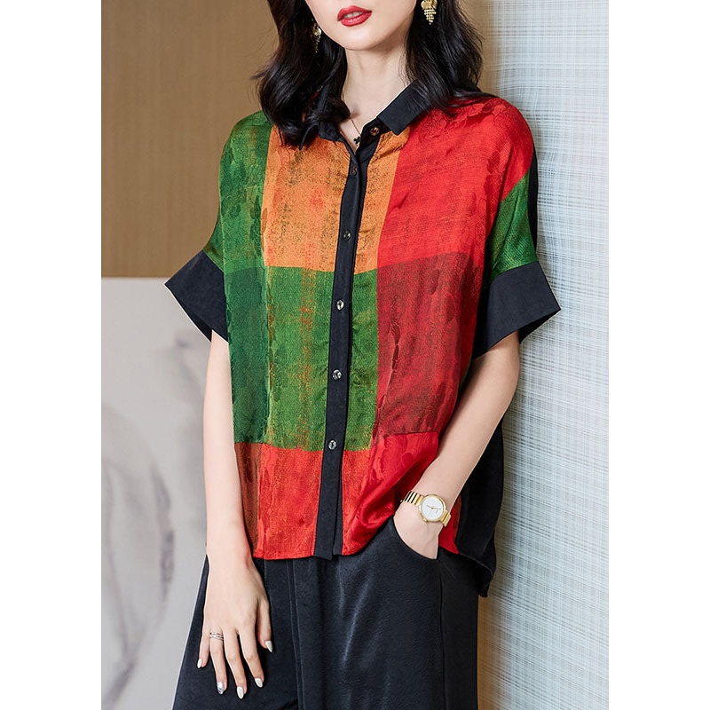 Art Red Peter Pan Collar Print Patchwork Silk Shirt Tops Summer