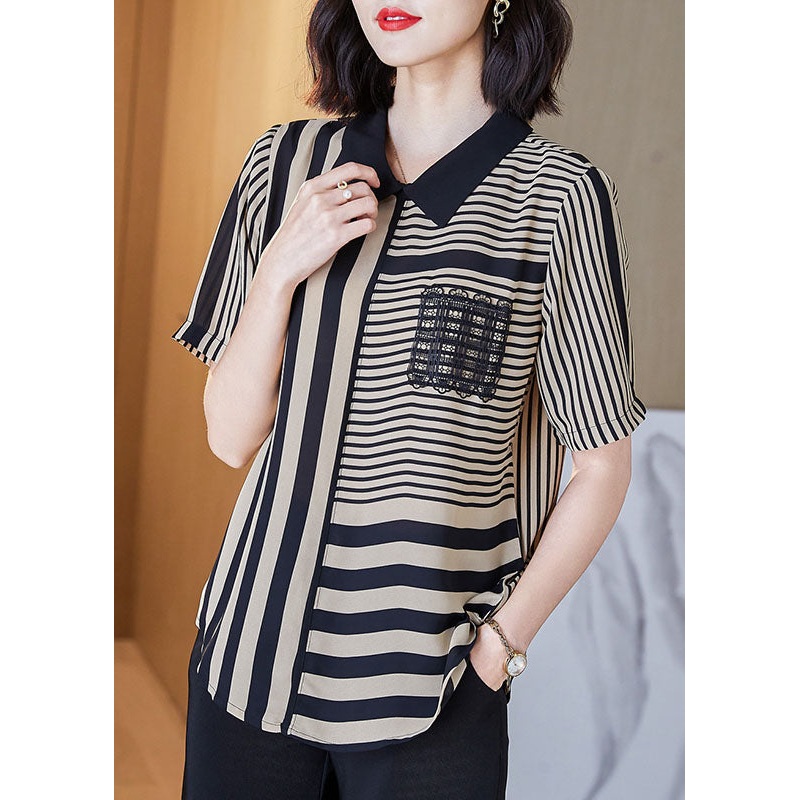 Art Striped Peter Pan Collar Patchwork Chiffon Shirts Top Summer