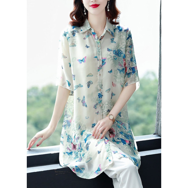 Beautiful Apricot Peter Pan Collar Butterfly Print Chiffon Shirts Top Summer