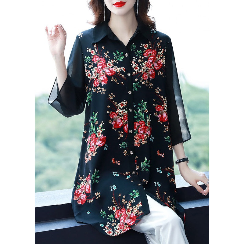 Beautiful Black Peter Pan Collar Print Patchwork Chiffon Shirts Bracelet Sleeve