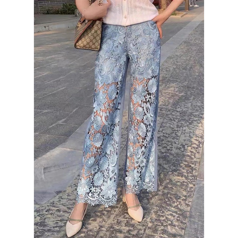 Beautiful Blue Lace Patchwork High Waist Wide Leg Jeans Summer