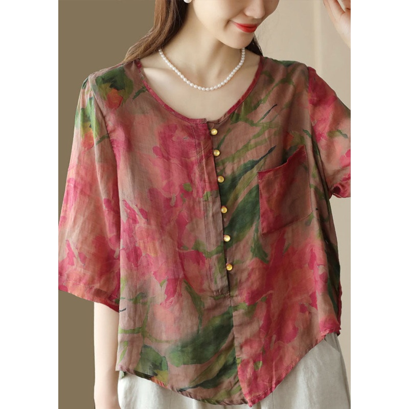 Beautiful Rose O Neck Print Button Patchwork Linen Blouses Tops Summer