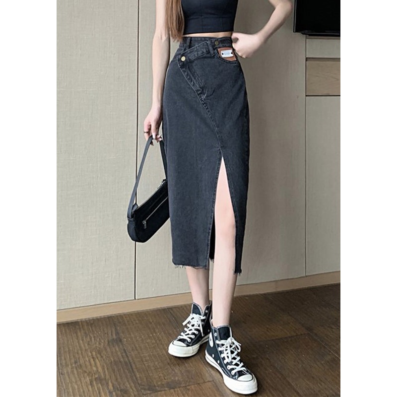 Black High Waist Pockets Button Solid Denim A Line Skirt