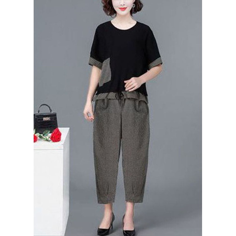 Black Plaid Patchwork Linen Tanks And Harem Pants Two Piece Set Women Clothing Drawstring Short Sleeve