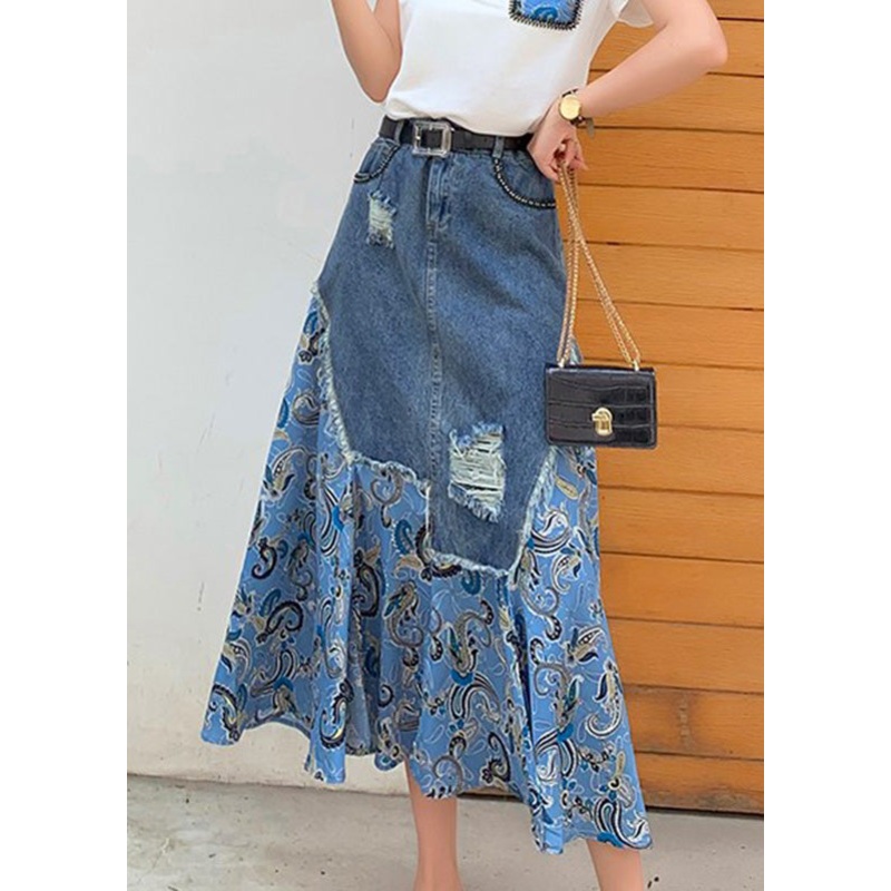 Blue Denim Patchwork High Waist Button Maxi Skirt
