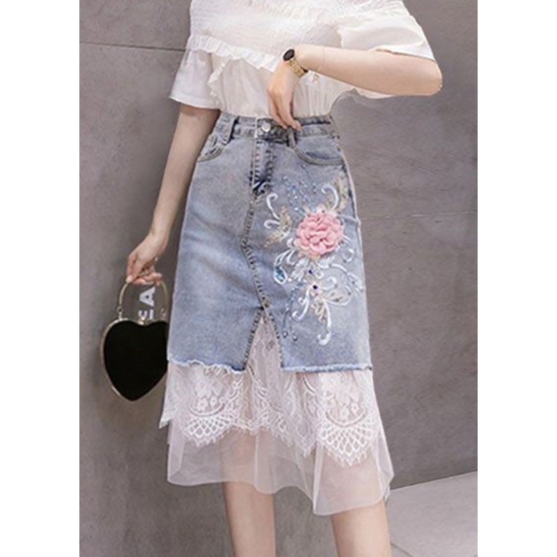 Bohemian Blue Tulle Patchwork Floral Button Denim Skirt