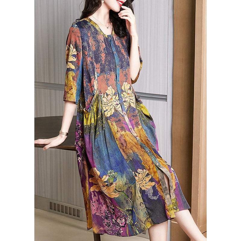 Bohemian Floral Pockets Wrinkled Patchwork Silk Dress Summer