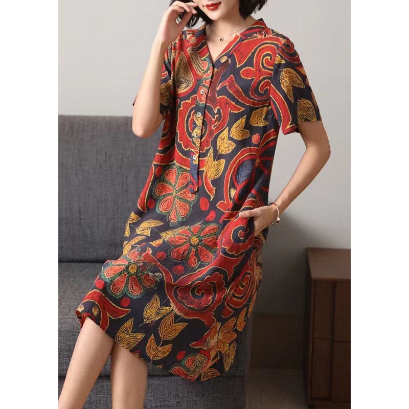 Bohemian Red V Neck Button Print Patchwork Cotton Mid Dress Summer