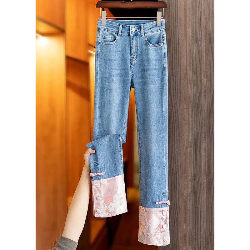 Boho Blue Patchwork Pink High Waist Straight Jeans