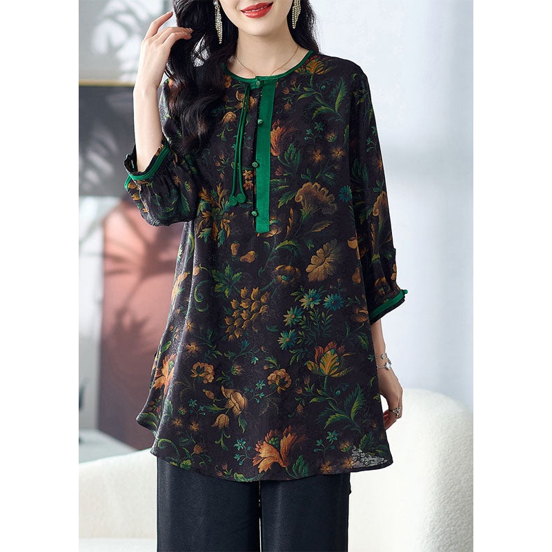 Boho Green Tasseled Print Button Patchwork Silk Top Summer