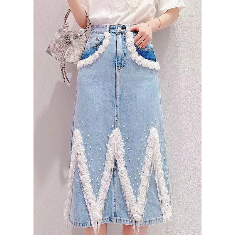 Boho Light Blue Tassel Patchwork High Waist Deninm Skirt Summer