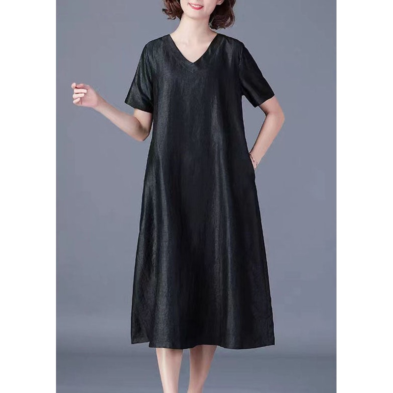 Boutique Black V Neck Pockets Patchwork Loose Silk Dress Summer