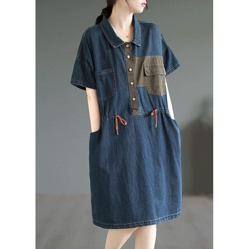 Boutique Blue Button Drawstring Pockets Patchwork Denim Mid Dress Summer