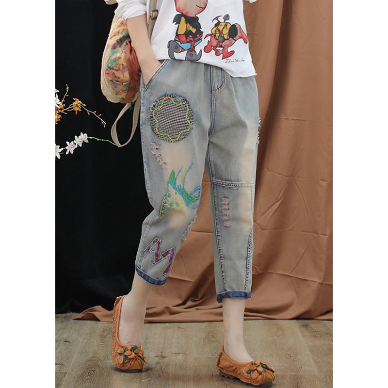 Boutique Blue Embroideried Patchwork Elastic Waist Crop Jeans