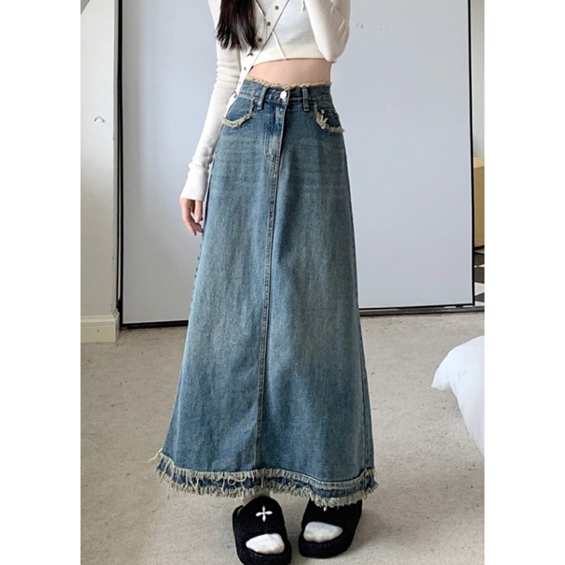 Boutique Blue Pockets Patchwork Maxi Skirt Summer