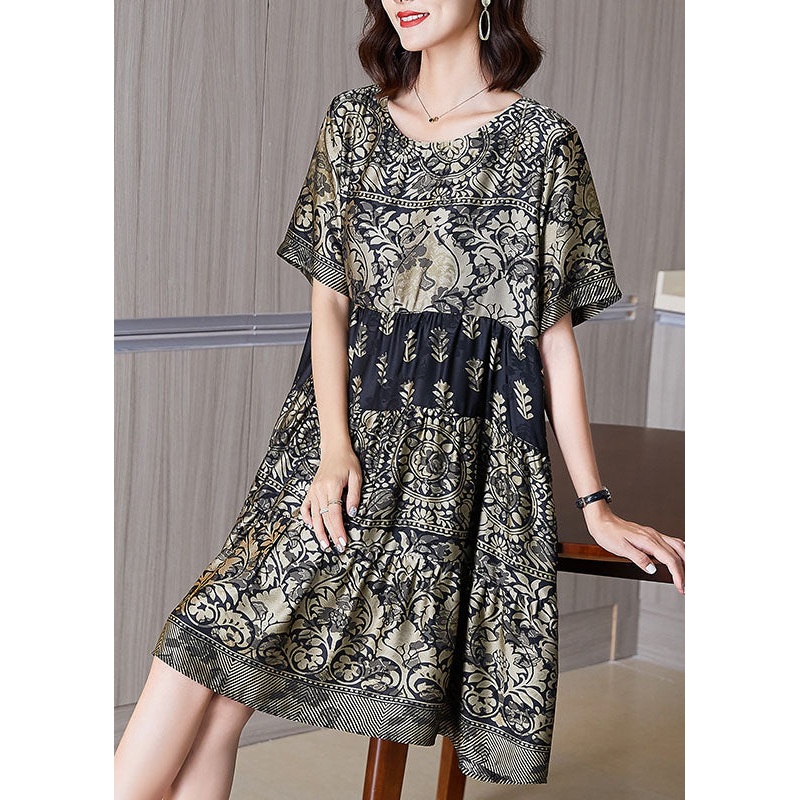 Boutique Gold O-Neck Print Wrinkled Patchwork Silk Dresses Summer