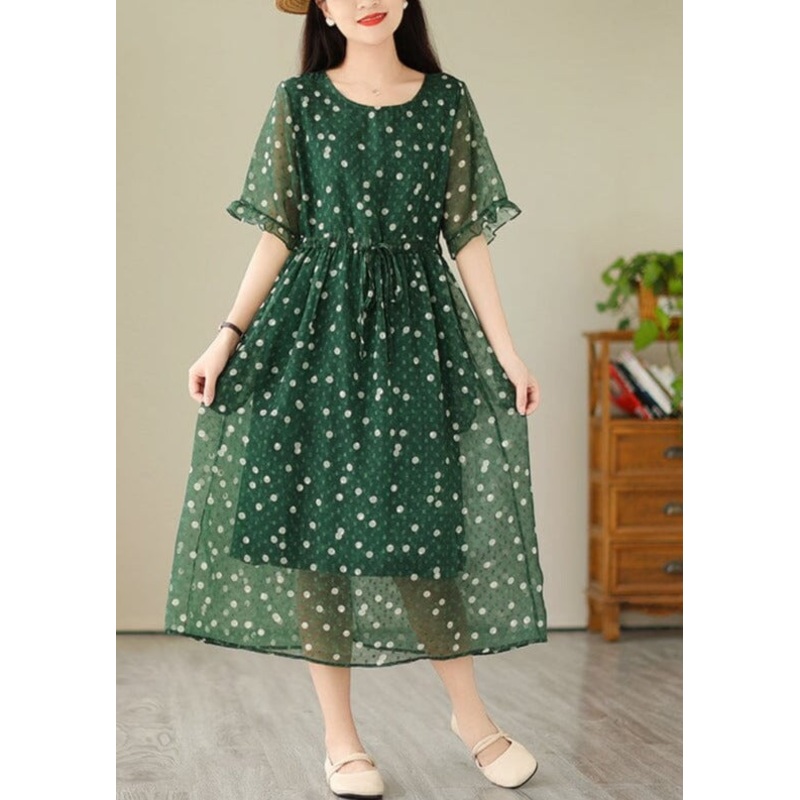 Breathable Green Polka Dots Loose Casual Dress Short Sleeve Summer