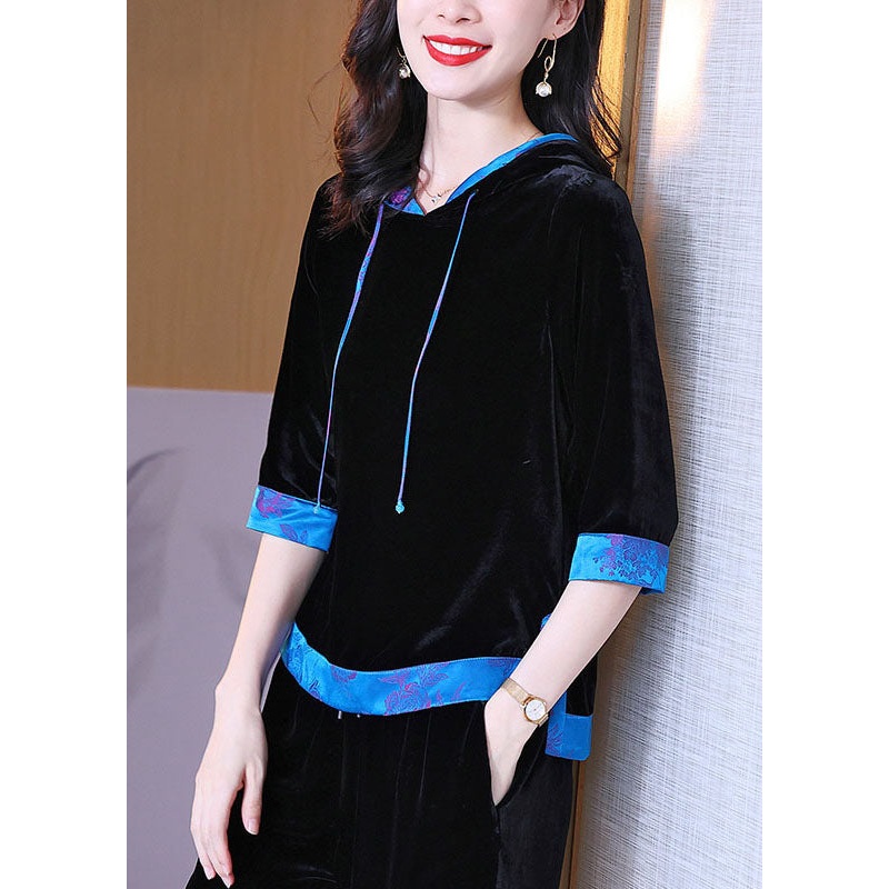 Casual Black Hooded Patchwork Silk Velour Pullover Sweatshirt Half sleeve
