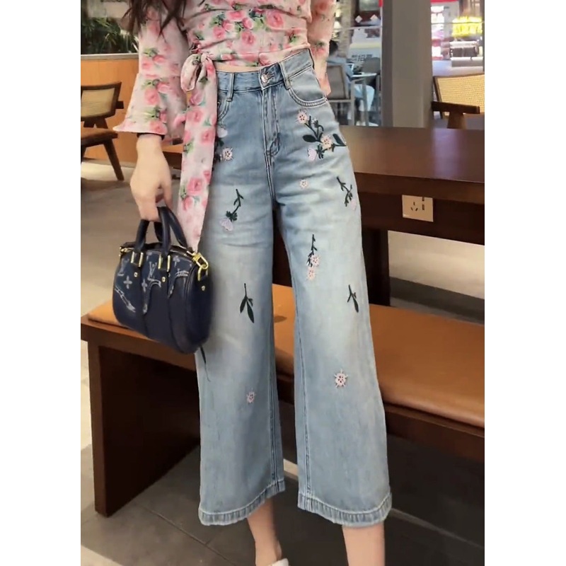 Casual Blue Embroideried Floral High Waist Crop Jeans