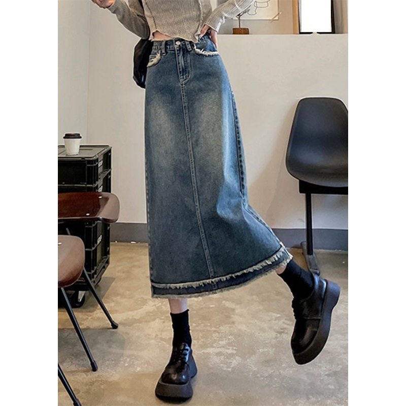 Casual Blue Patchwork High Waist Button Denim A Line Skirts