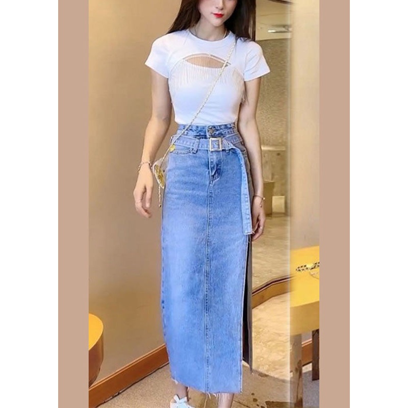 Casual Blue Patchwork Sashes Side Open Denim Maxi Skirt