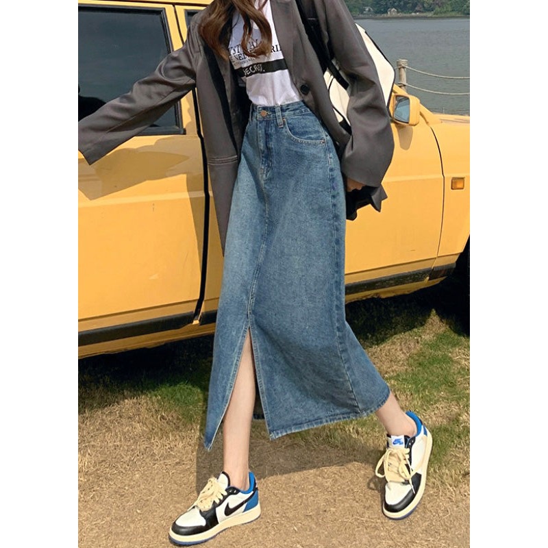 Casual Denim Blue High Waist Patchwork A Line Skirts Summer