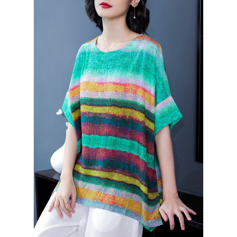 Casual Green O Neck Striped Patchwork Linen T Shirts Tops Summer
