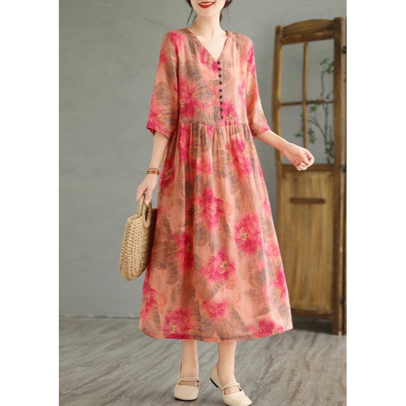 Casual Loose Retro Red Flower Print V-Neck Linen Dress