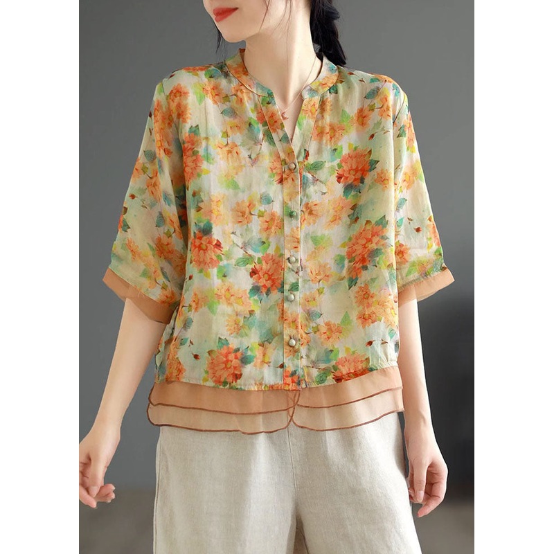 Casual Yellow V Neck Print Button Patchwork Linen Shirts Half Sleeve