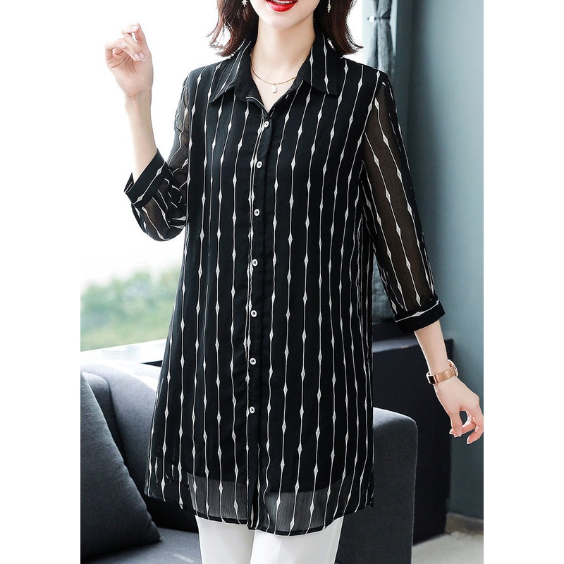 Chic Black Peter Pan Collar Striped Patchwork Silk Shirt Bracelet Sleeve