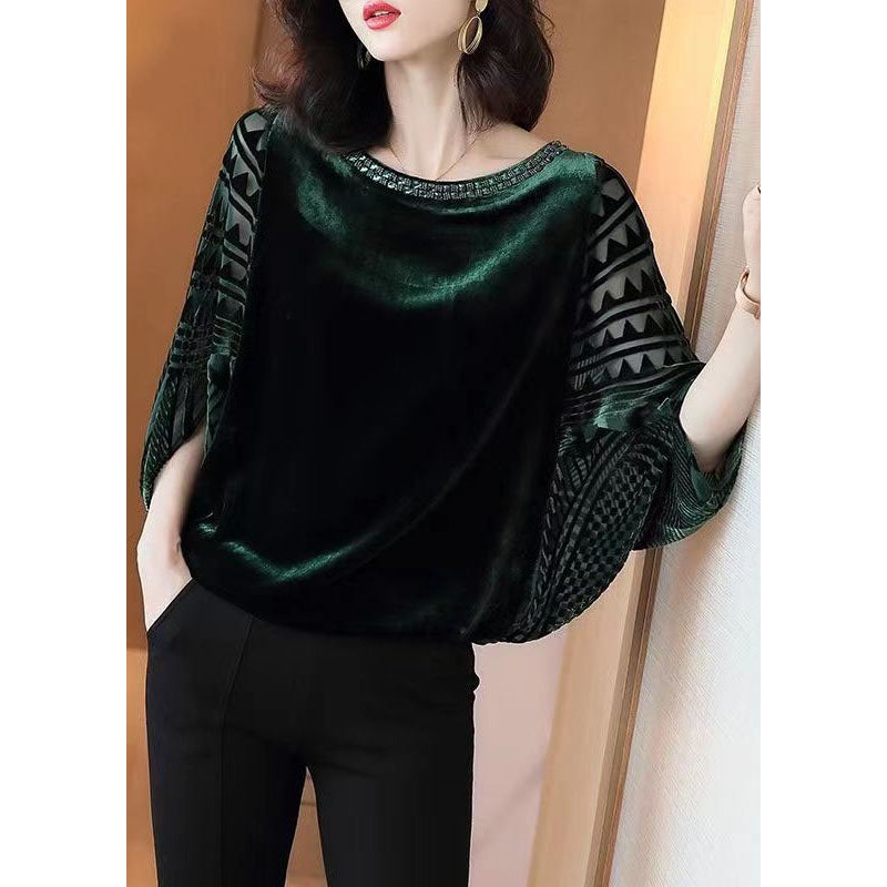 Chic Blackish Green Zircon Patchwork Silk Velour Top Batwing Sleeve