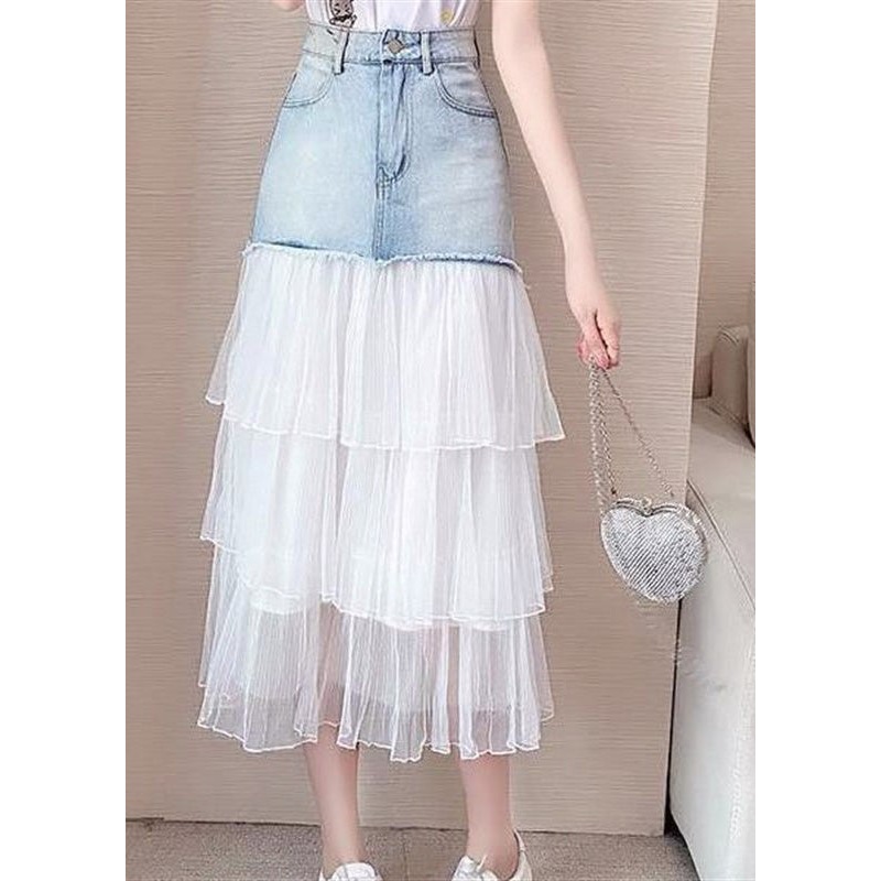 Chic Blue High Waist Tulle Patchwork Denim A Line Skirt