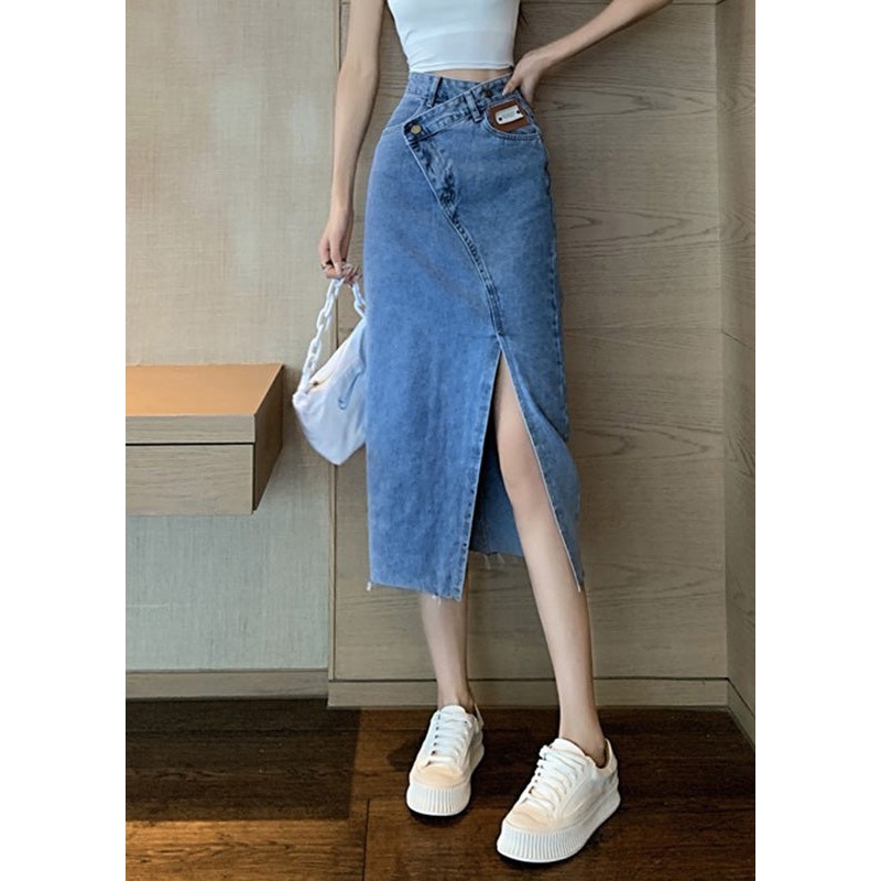 Chic Blue Side Open Asymmetrical Patchwork Denim Maxi Skirts Summer