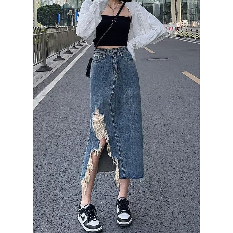 Chic Denim Blue Asymmetrical Patchwork Pockets A Line Skirt
