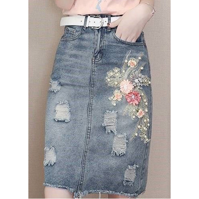Classy Blue Pockets Nail Bead Hole Sashes Denim Skirts Summe