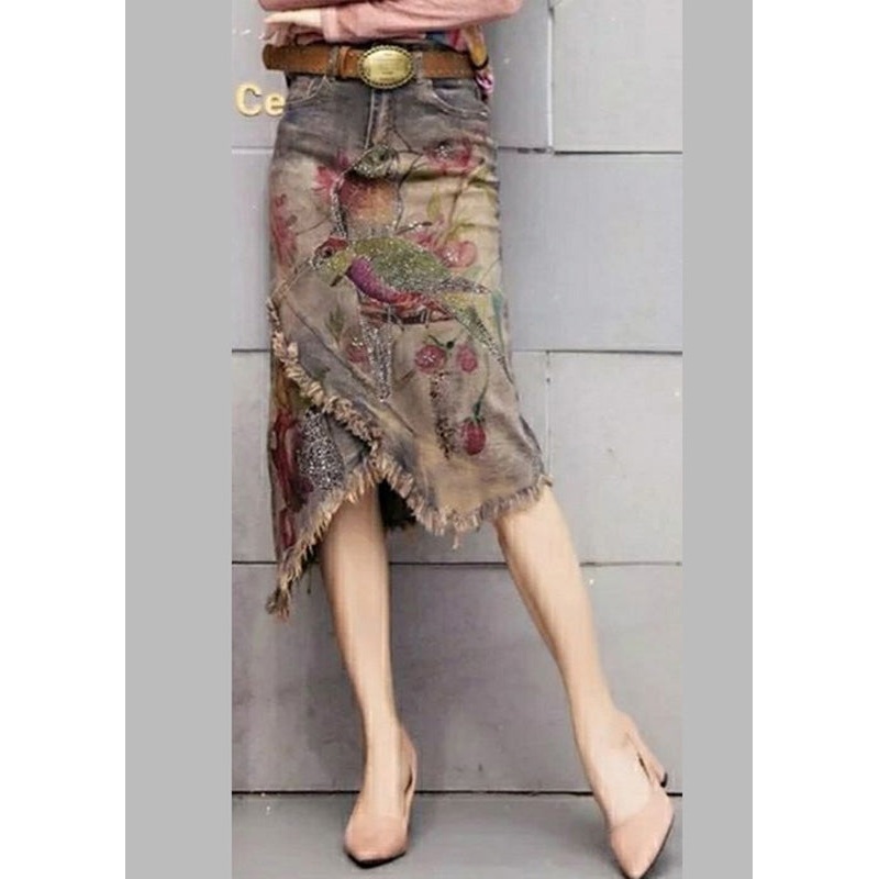 Classy Print Sashes Asymmetrical Denim Skirts