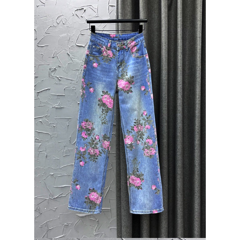 Cute Light Blue Print High Waist Straight Jeans Summer