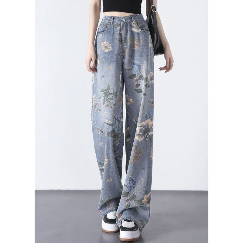 DIY Blue Print Zippered Long Straight Jeans