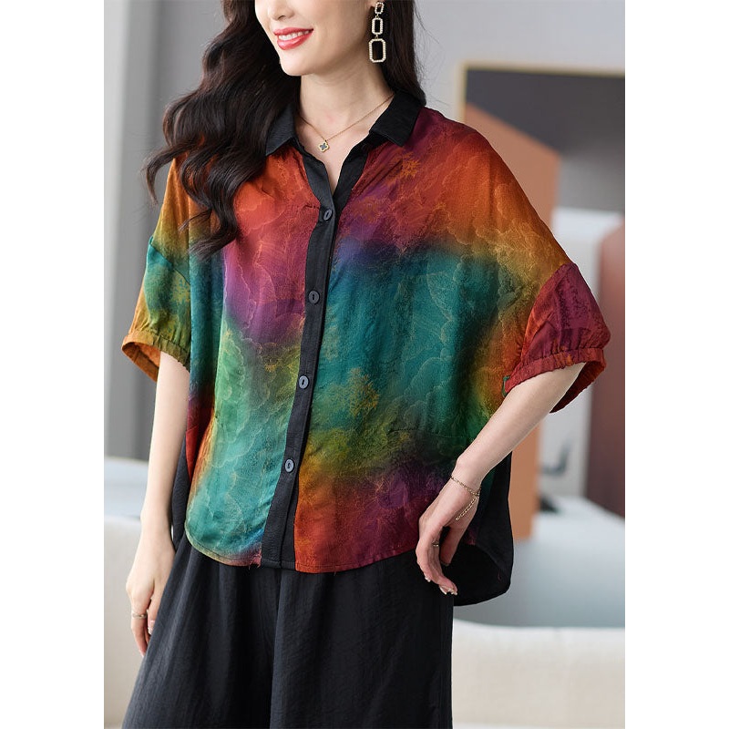 DIY Colorblock Peter Pan Collar Button Patchwork Silk Shirts Summer