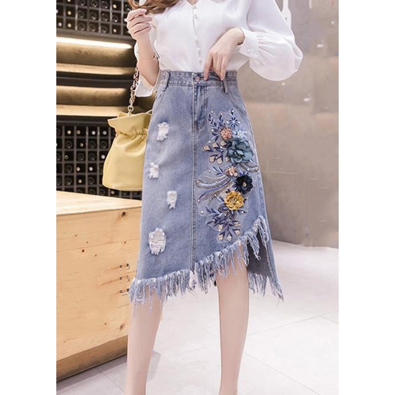 Elegant Blue Asymmetrical Patchwork Tassel Hole Denim Skirts Summer