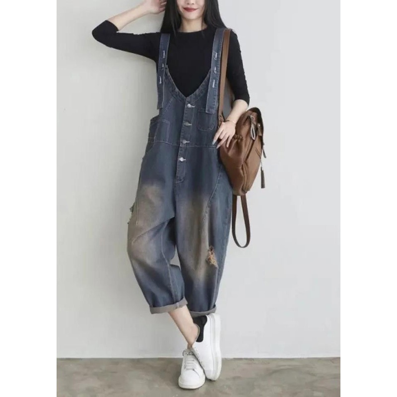 Elegant Blue V Neck Patchwork Button Jumpsuit Summer