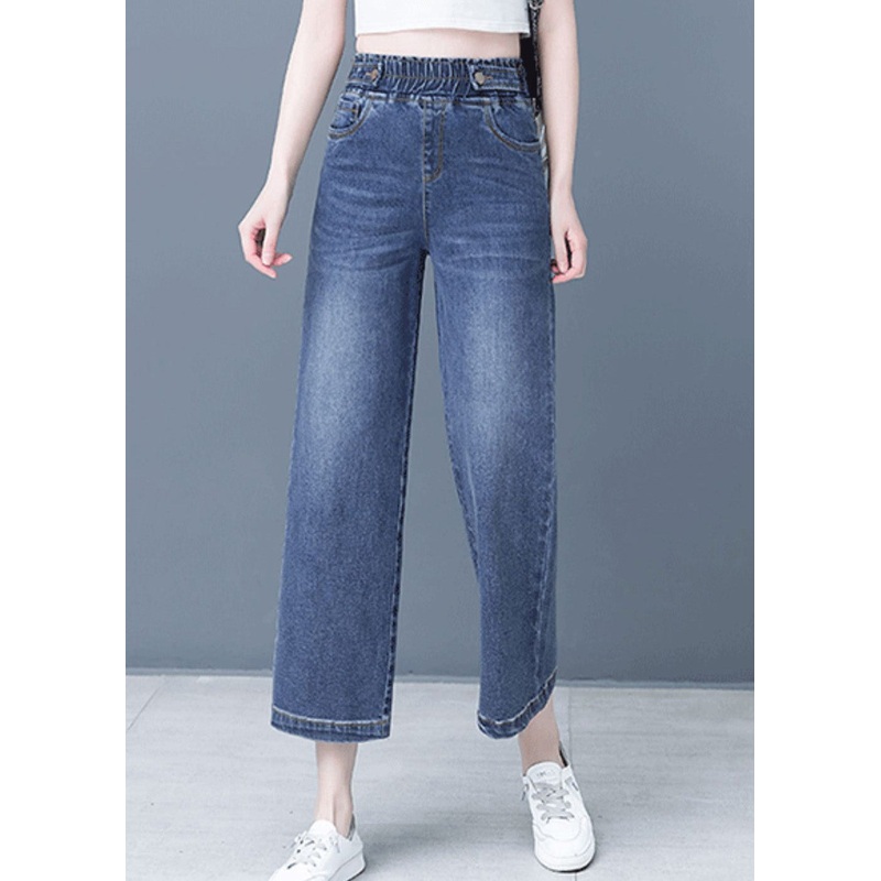 Elegant Denim Blue Patchwork Elastic Waist Crop Wide Leg Pants