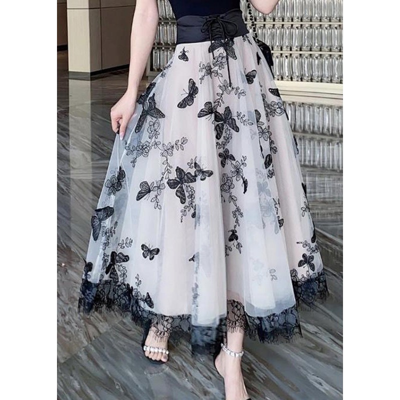 Fashion Beige Embroidered Tie Waist Tulle A Line Skirt Summer