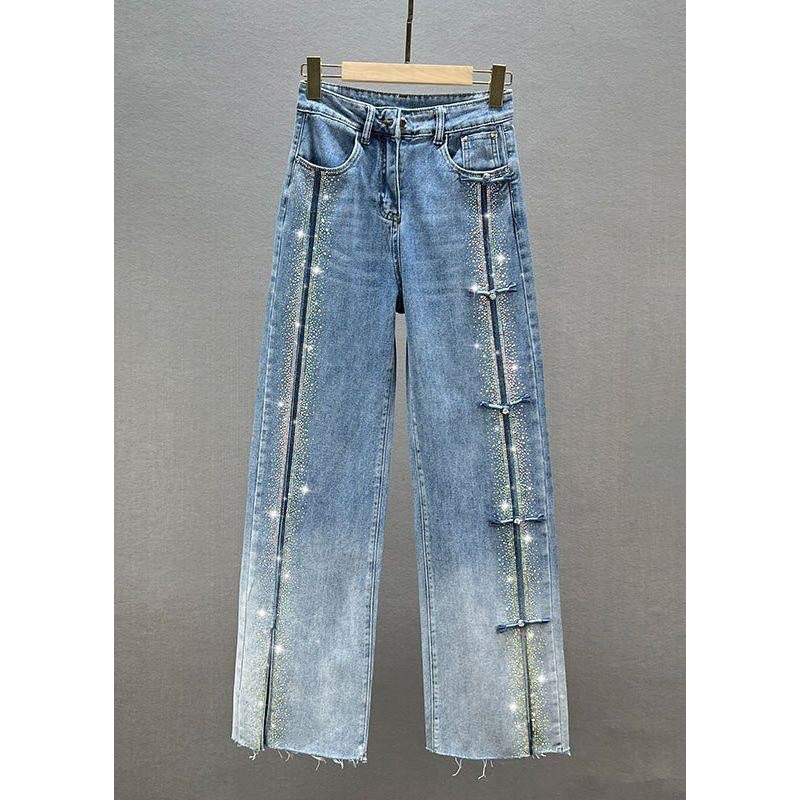 Fashion Blue Patchwork Zircon High Waist Wide Leg Jeans