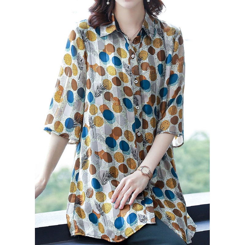 Fashion Dot Print Peter Pan Collar Button Silk Shirt Top Summer