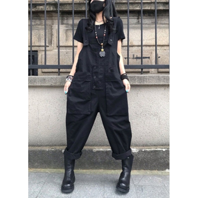 French Black Patchwork Button Solid Jumpsuit Summer