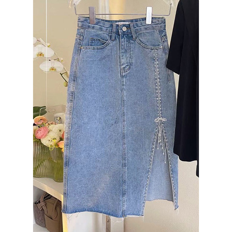French Blue Patchwork Nail Bead Tassel Denim Maxi Skirts