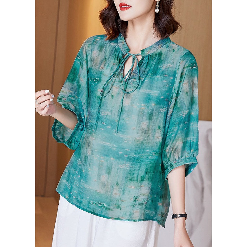 French Green Lace Up Print Patchwork Cotton T Shirt Tops Lantern Sleeve