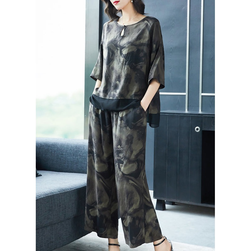 French Grey O-Neck Print Tops And Pants Silk Two Pieces Set Summer